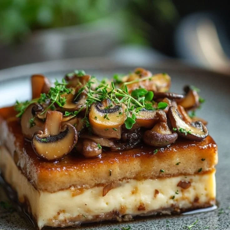 Cake aux champignons avec Comté et noisettes, servi avec du persil frais.