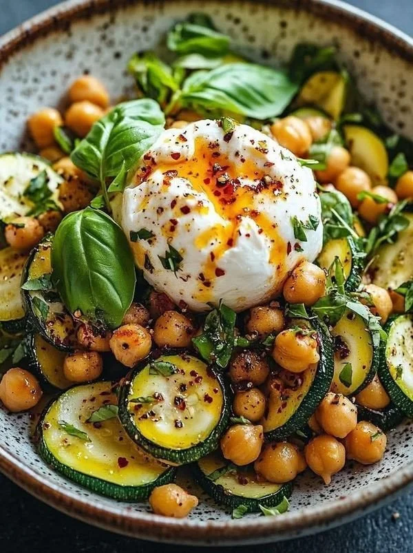 Recette de courgettes fumées avec pois chiches croustillants et burrata crémeuse