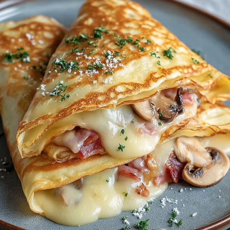 Crêpes fondantes au Brie, champignons et jambon, un plat de comfort food délicieux.