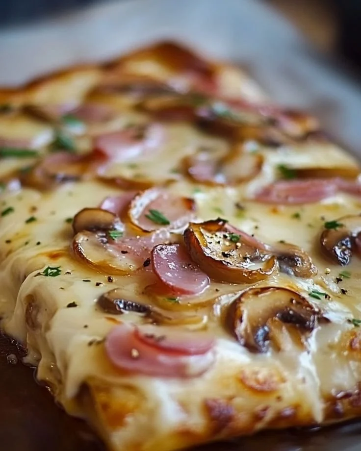 Feuilleté aux champignons et jambon doré et appétissant