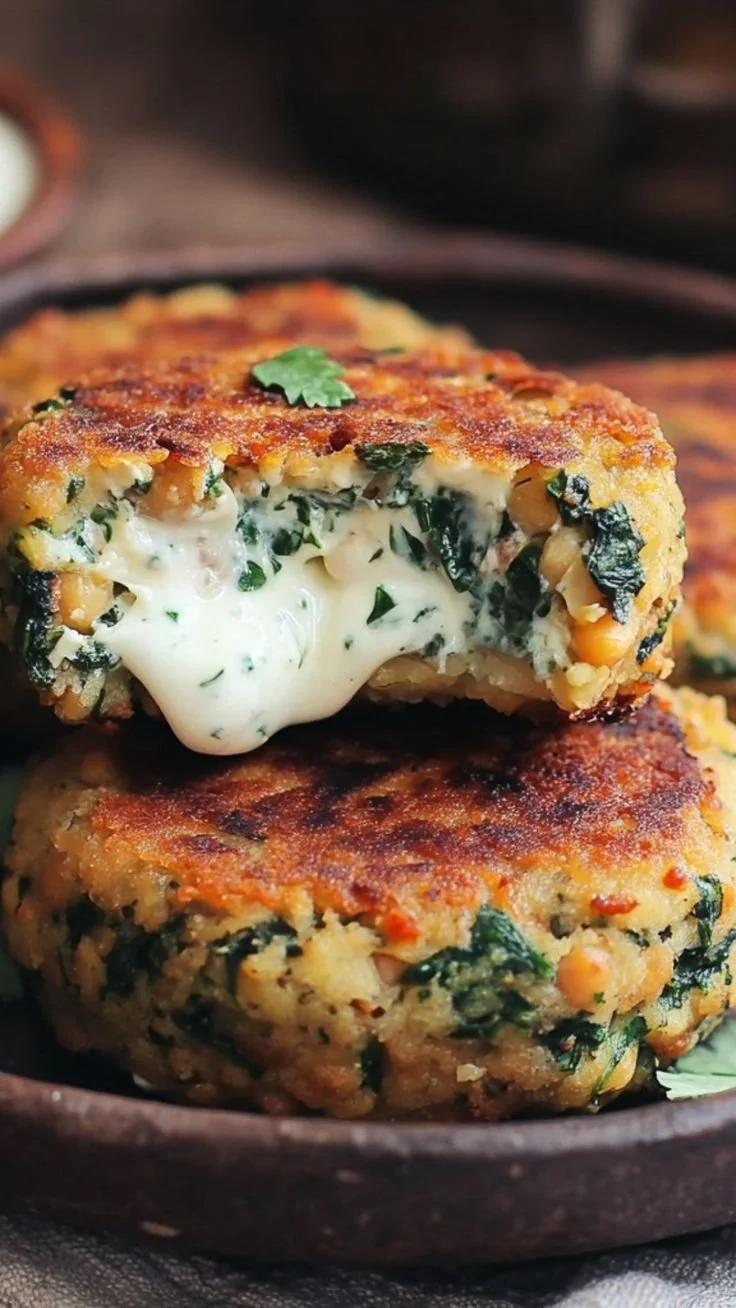 Galettes de pois chiches aux épinards avec sauce yaourt à la coriandre
