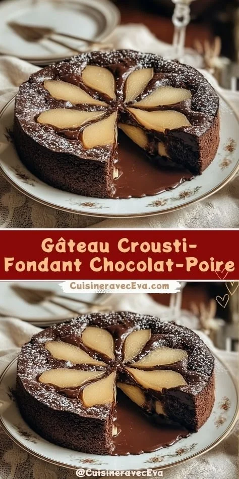 Gâteau Crousti-Fondant Chocolat-Poire avec une texture riche et fruitée