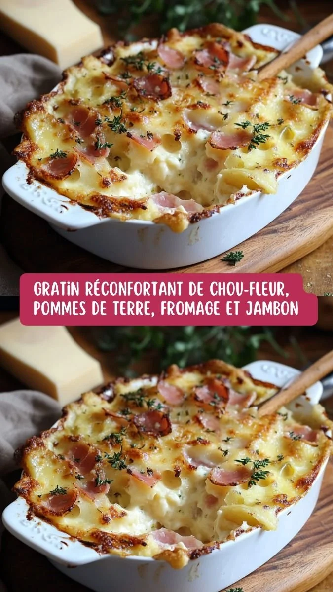 Gratin de chou-fleur avec pommes de terre, fromage et jambon au four