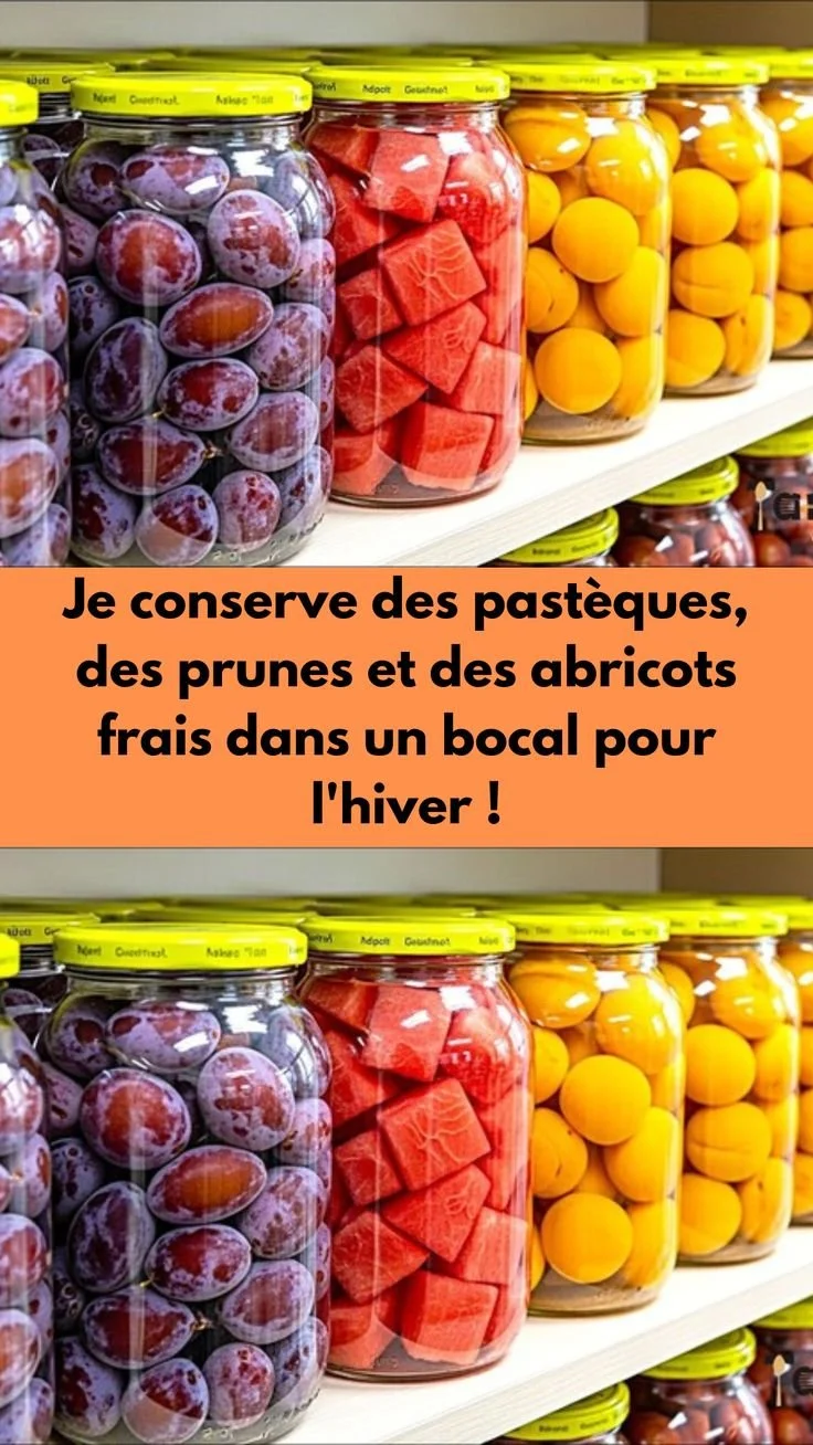 Conservation de pastèques, prunes et abricots frais dans un bocal pour l'hiver