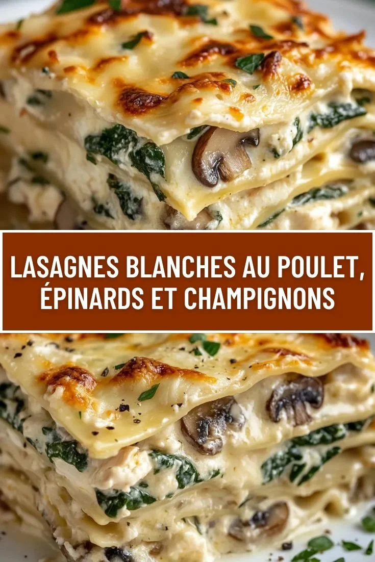 Lasagnes blanches au poulet, épinards et champignons dans un plat savoureux