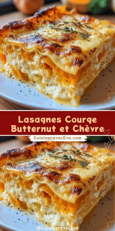 Lasagnes à la courge butternut et chèvre, dorées et réconfortantes sur une table.
