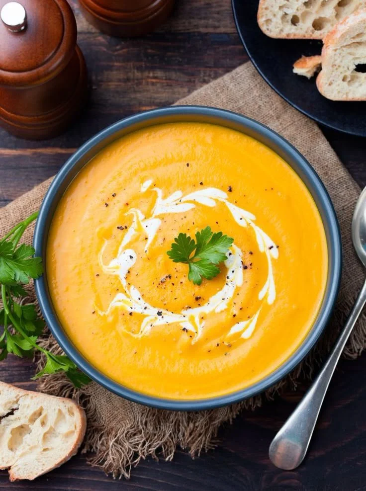 Bol de velouté de butternut garni de crème et de graines