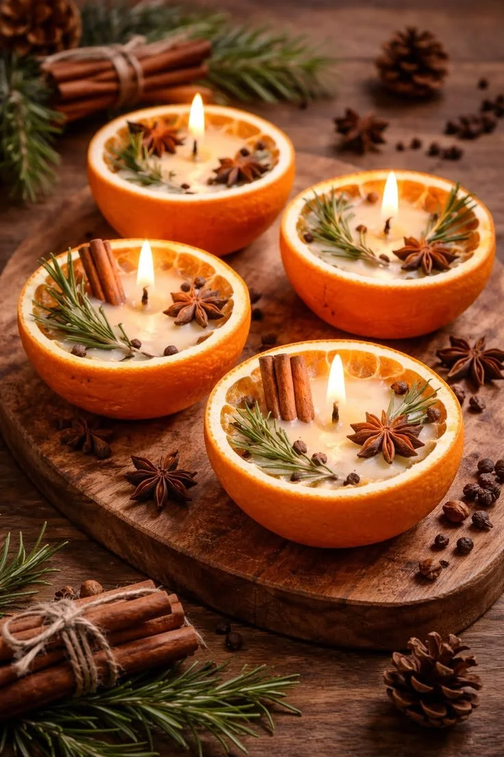 Objets artisanaux en oranges déshydratées, bougies et décorations de Noël.