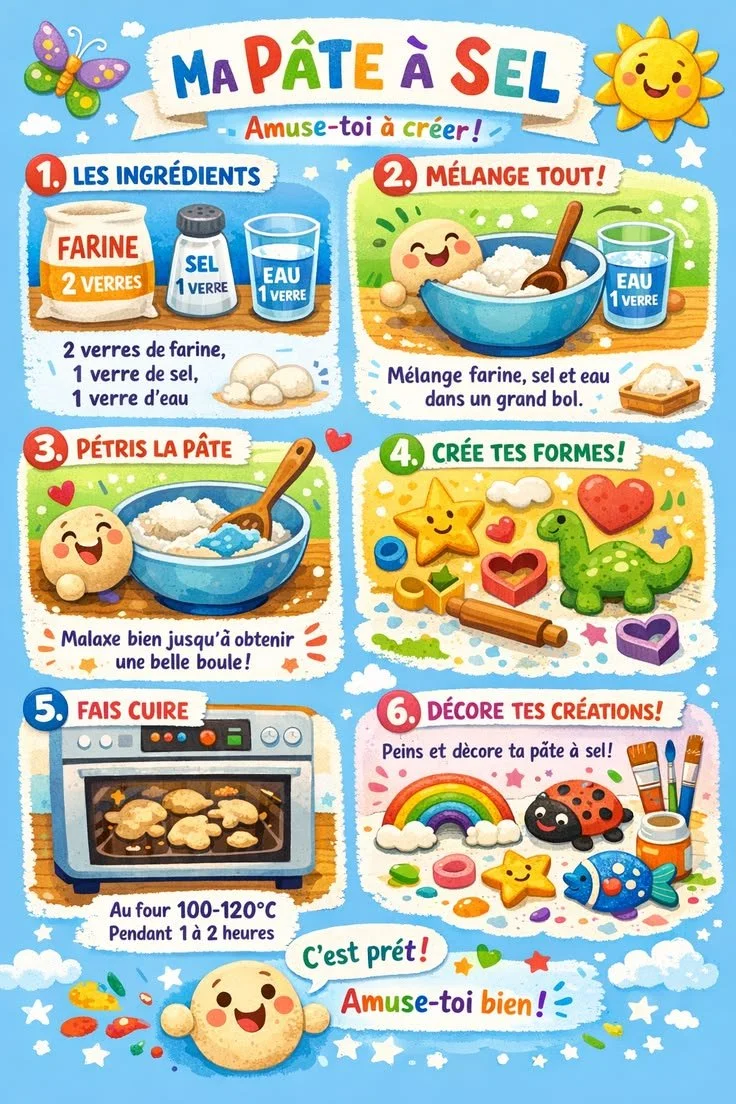 Créations en pâte à sel colorée pour décorations créatives.