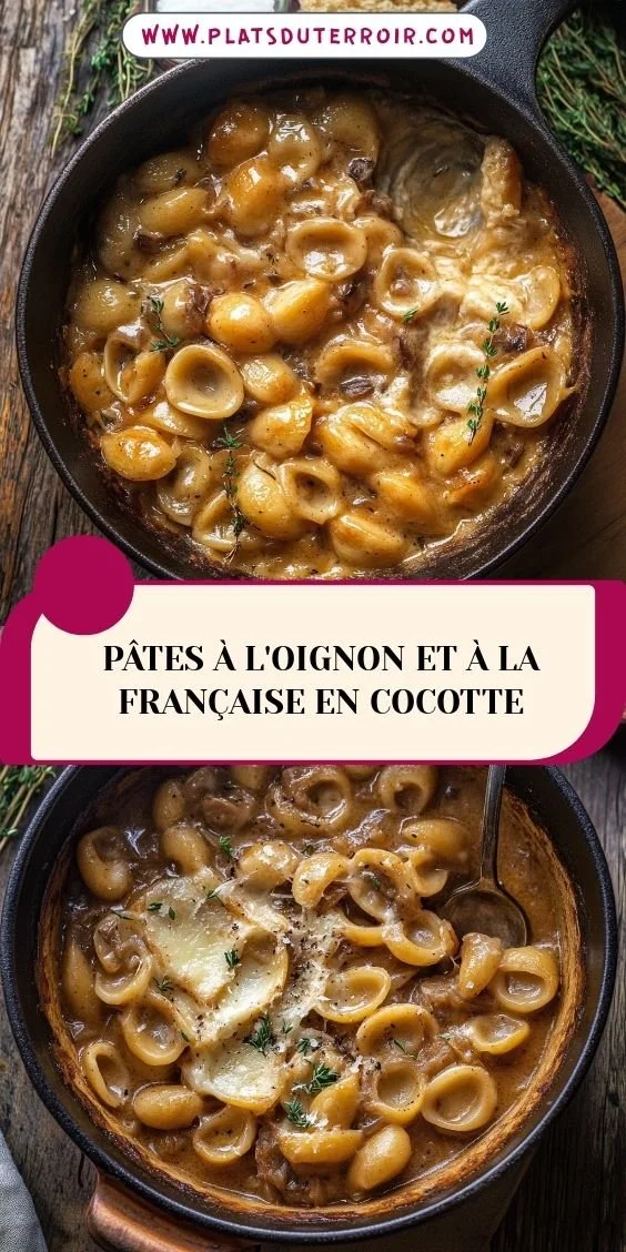 Pâtes à l'oignon cuites en cocotte avec une garniture savoureuse.