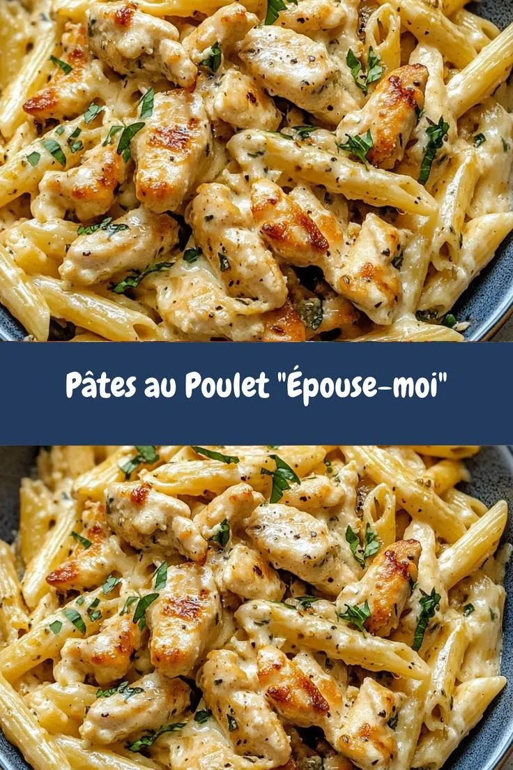 Plat de pâtes au poulet 'Épouse-moi' avec sauce crémeuse et herbes fraîches.