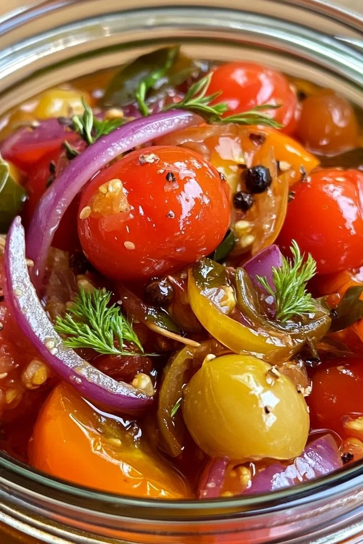 Pickles de Tomates Cerises, Oignons Rouges et Carottes dans un bocal