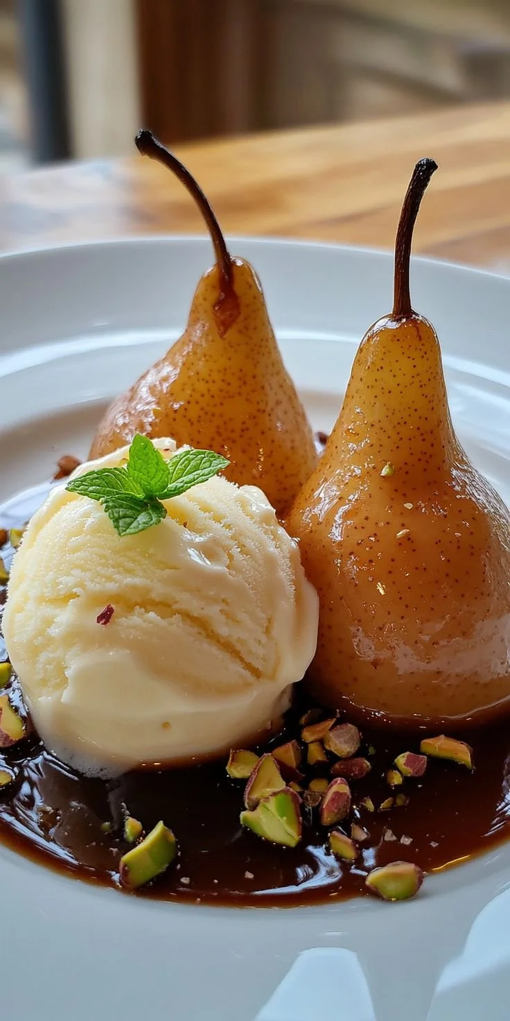 Poires Belle Hélène servies dans une assiette élégante avec chocolat et amandes.