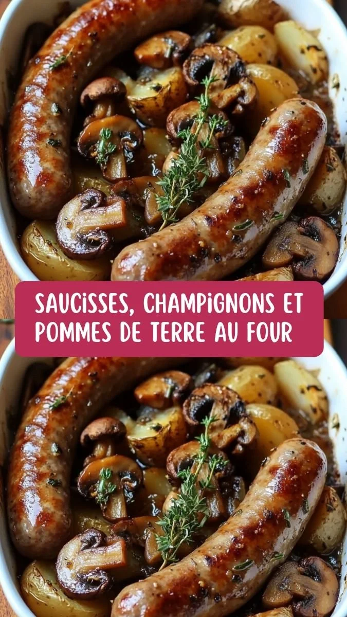 Ragoût saucisses aux champignons et pommes de terre cuit au four