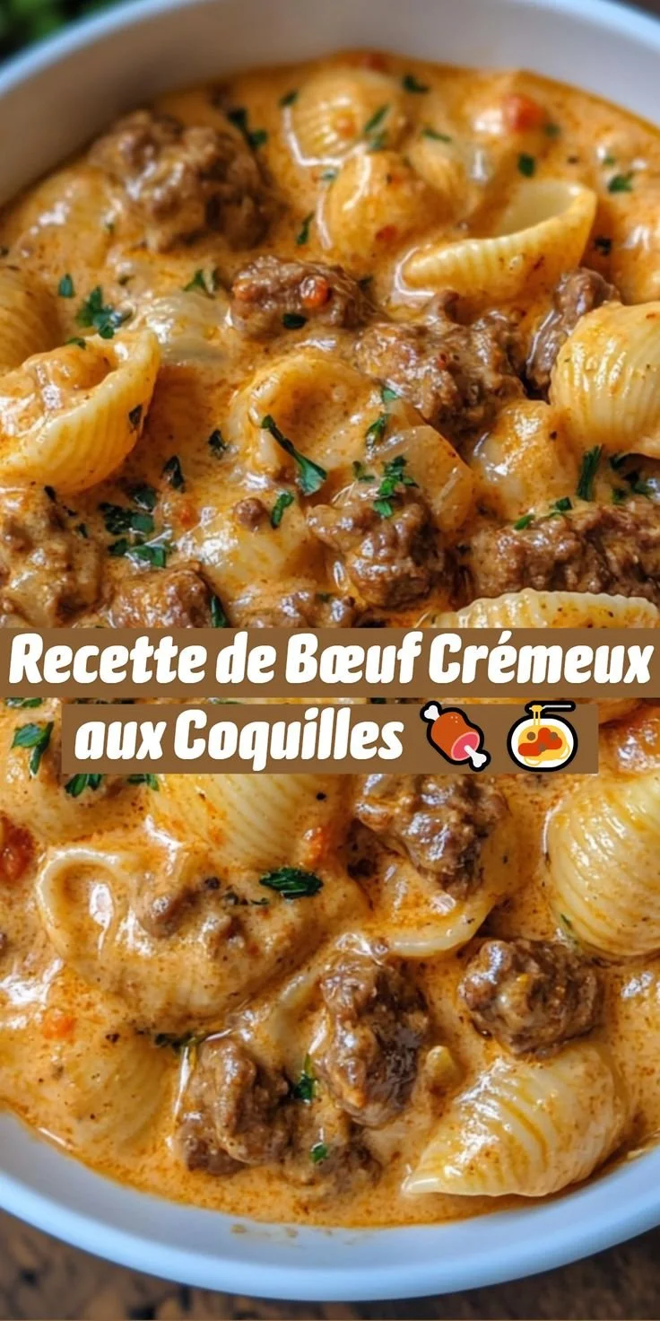 Plat de bœuf crémeux aux coquilles, délicieux et réconfortant