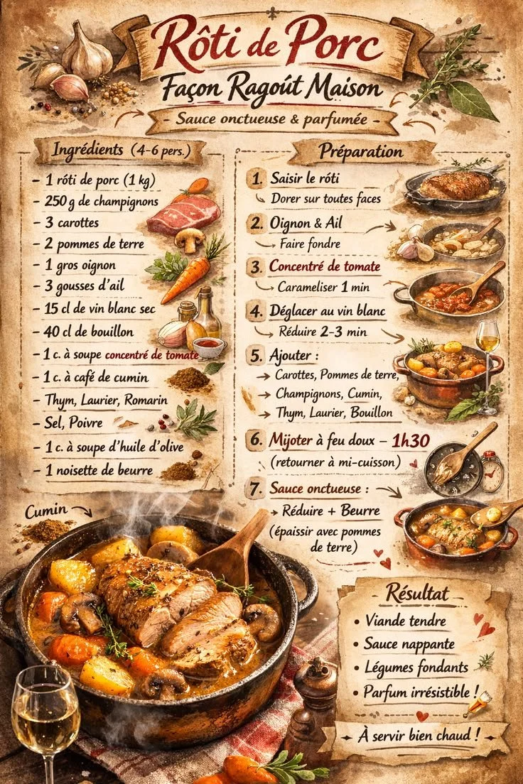 Rôti de porc en ragoût servi avec des légumes et des épices.