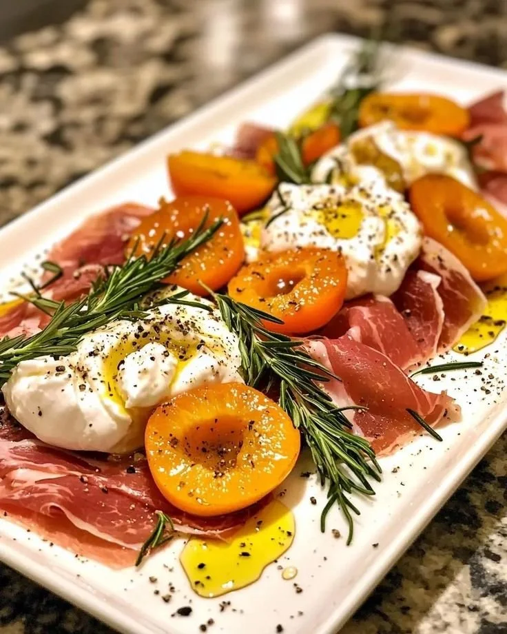 Salade d'abricot rôtie au romarin avec burrata et jambon, plat appétissant.