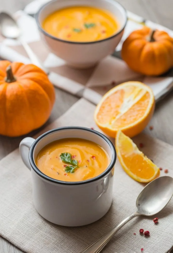 Soupe potiron, carotte et orange dans un bol décoratif, garnie d'herbes.