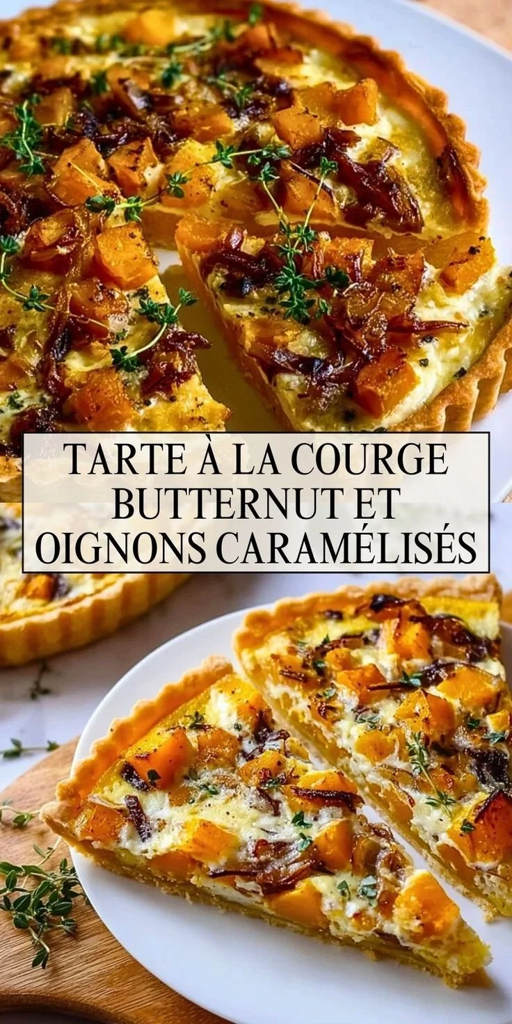 Tarte à la Courge Butternut garnie d'oignons caramélisés, plat savoureux