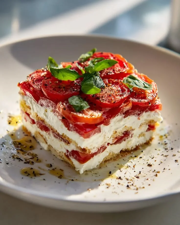 Tiramisu salé inspiré de la Caprese avec tomates et mozzarella en présentation.