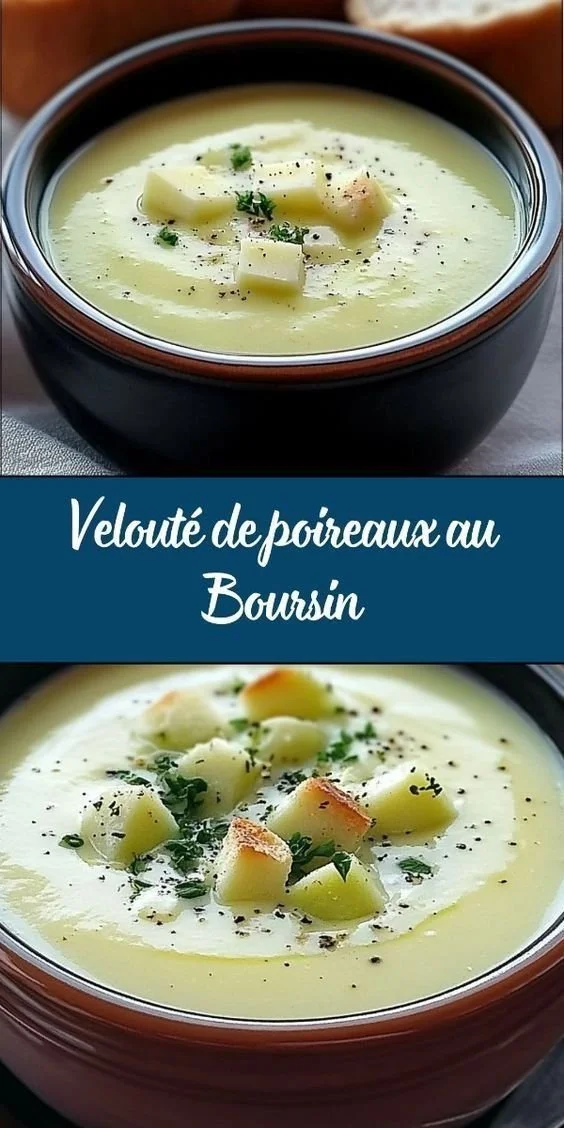 Bol de velouté de poireaux au Boursin servi avec du pain